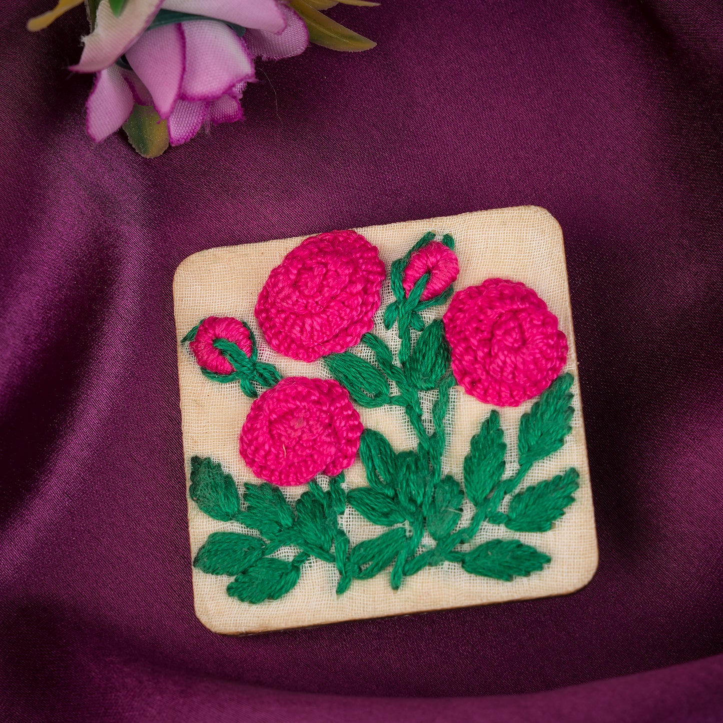 Deep Pink Rose Branch Rectangular Alligator Hair Clip