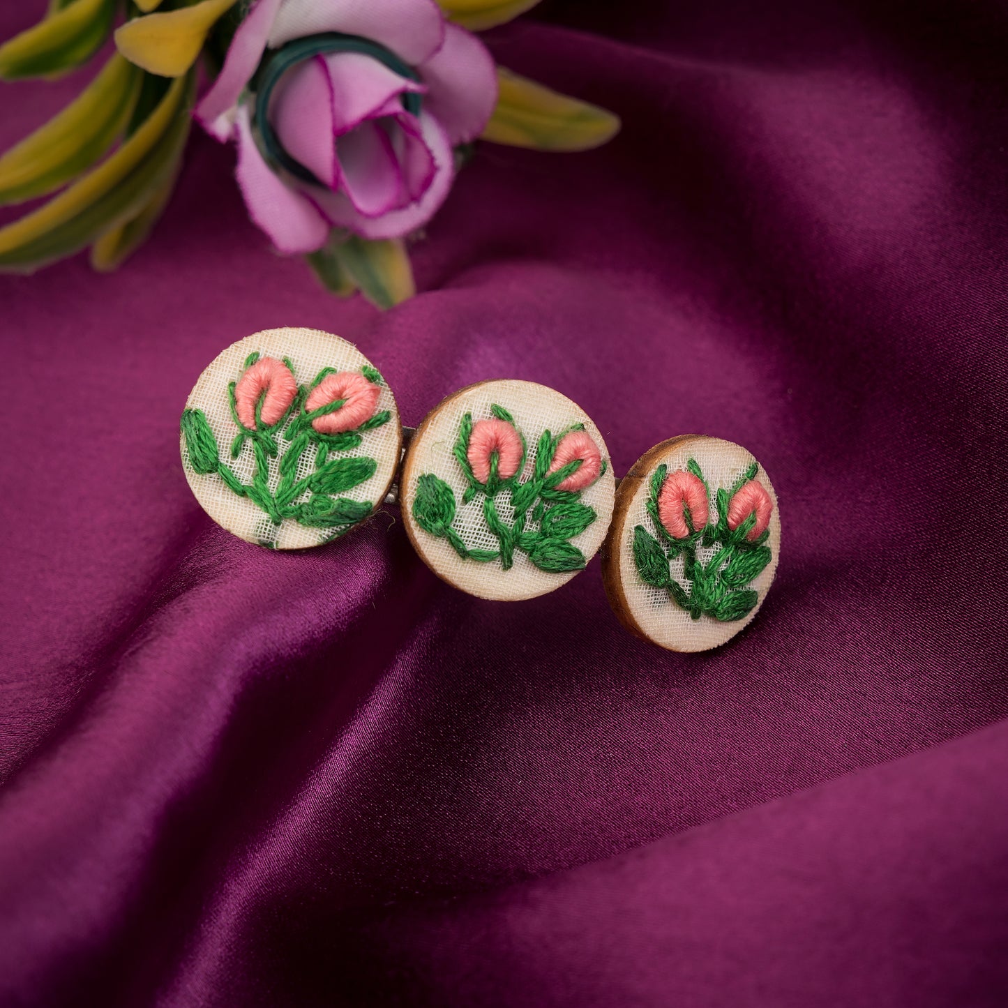 Peach Rose Buds Branch Triple Round Hair Barrette