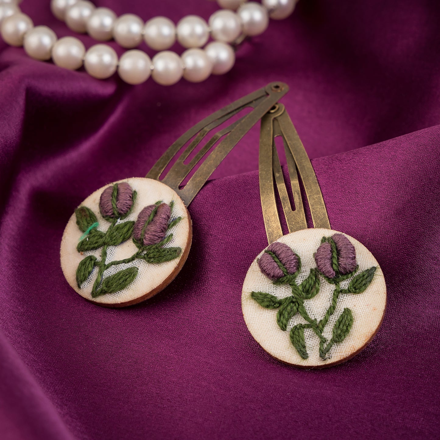 Dark Mauve Rose Bud Round Tic-Tac Hair Clips Set