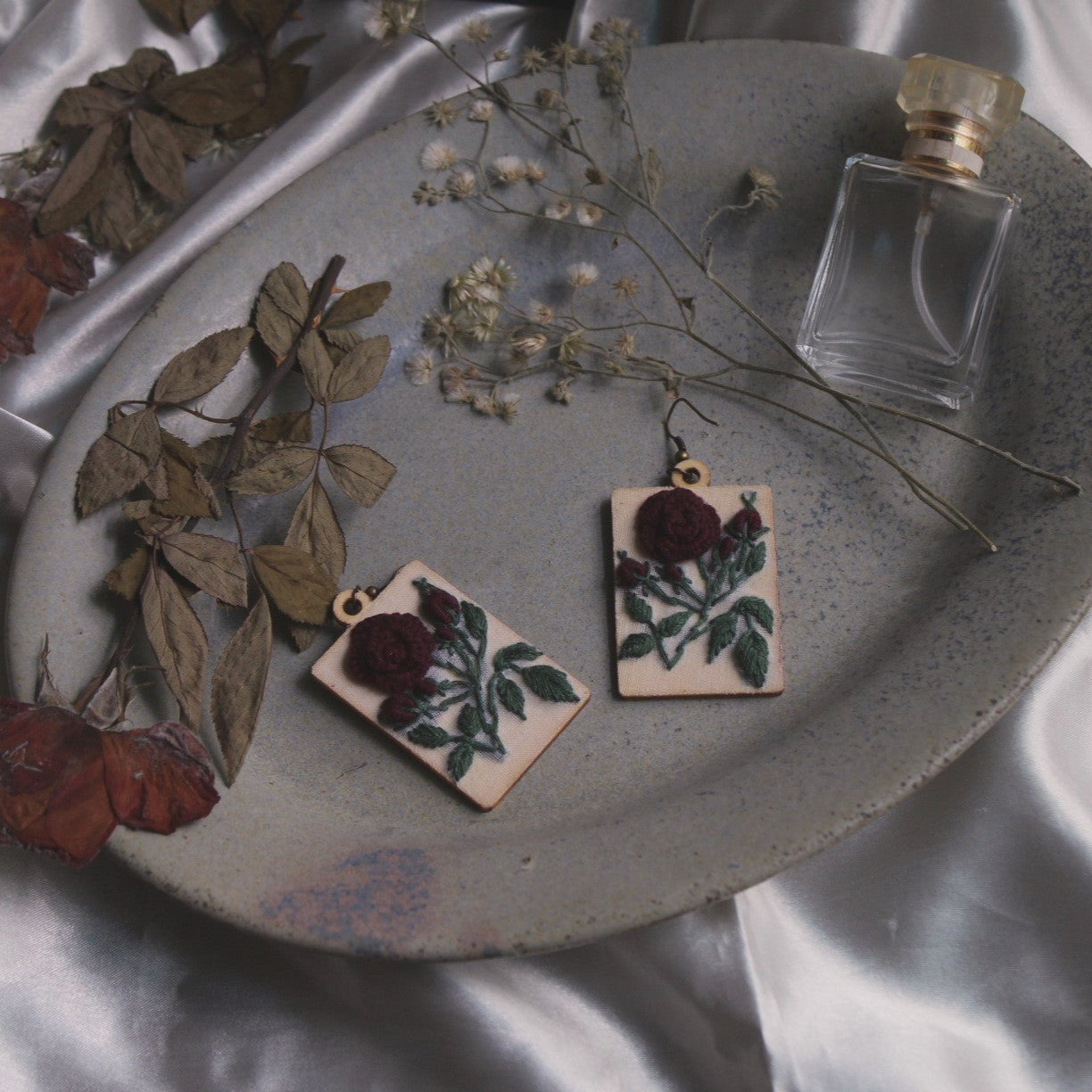 Dark Red Rose Branch Rectangular Earrings