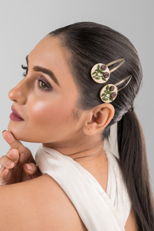 Dark Mauve Rose Bud Round Tic-Tac Hair Clips Set