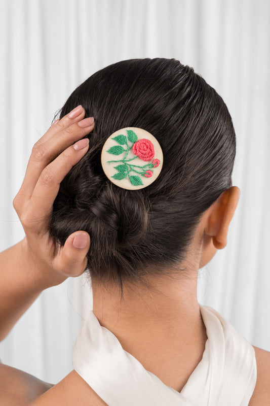 Peach Rose Branch Circular Alligator Hair Clip