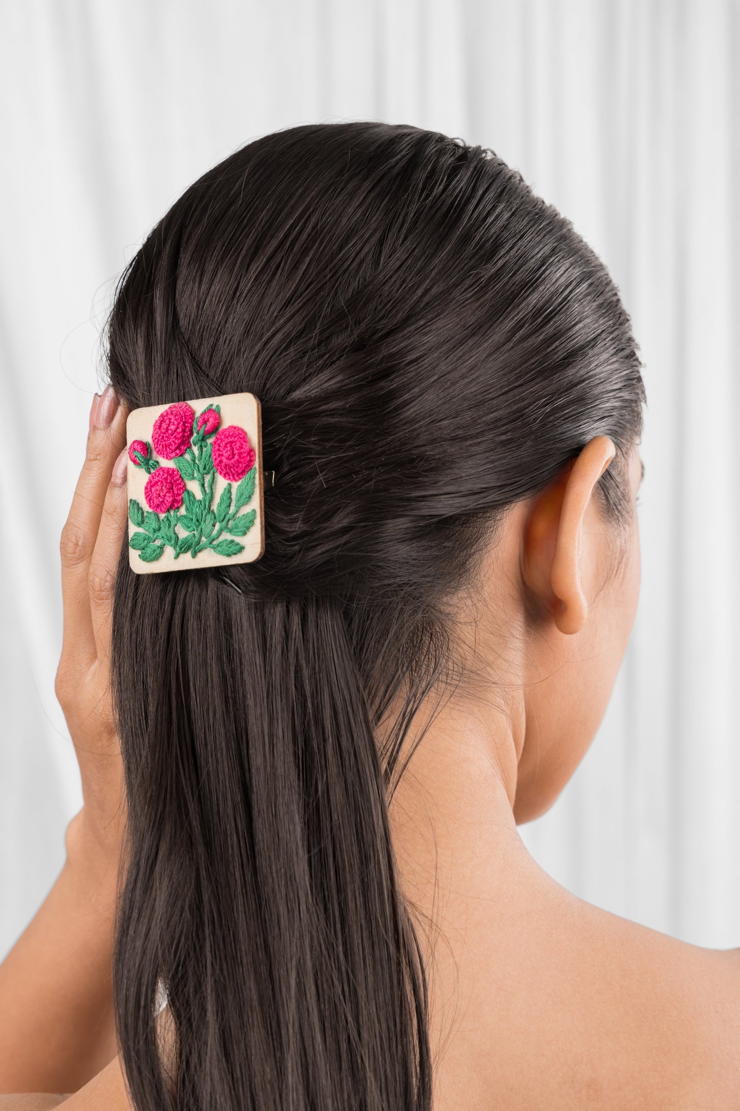 Deep Pink Rose Branch Rectangular Alligator Hair Clip