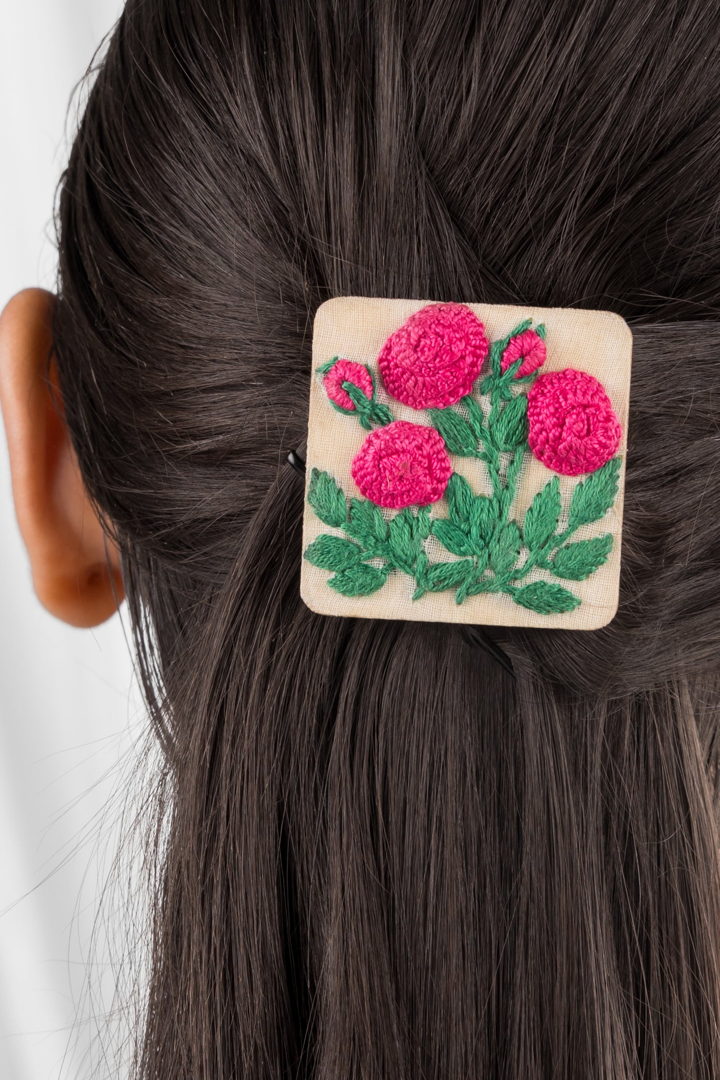 Deep Pink Rose Branch Rectangular Alligator Hair Clip