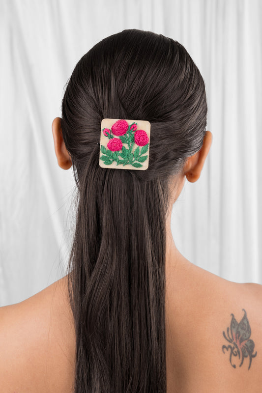 Deep Pink Rose Branch Rectangular Alligator Hair Clip