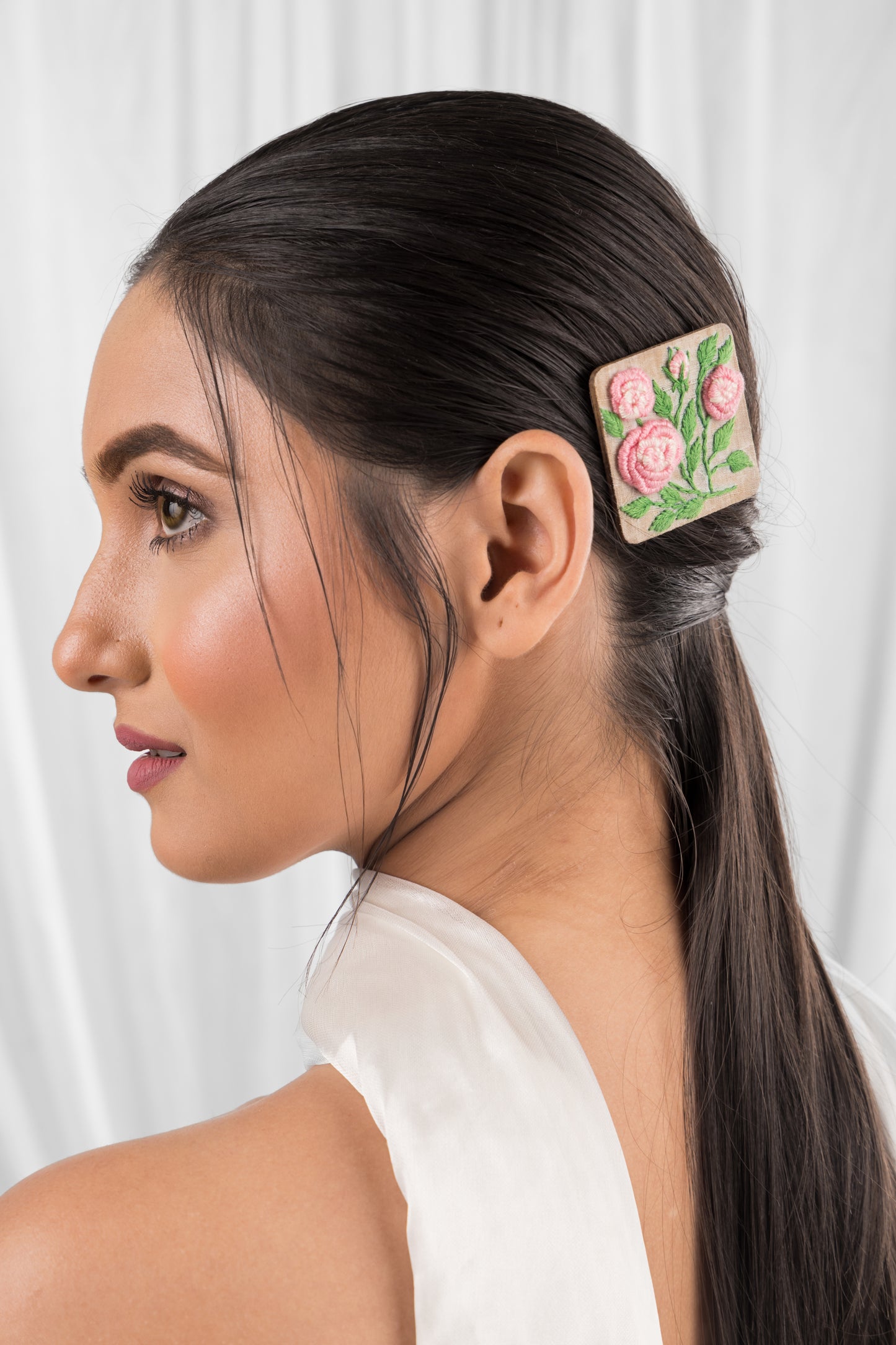 Light Pink Gradient Rose Branch Rectangular Alligator Hair Clip