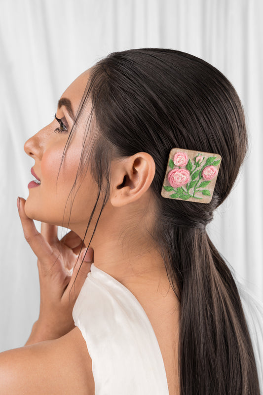 Light Pink Gradient Rose Branch Rectangular Alligator Hair Clip