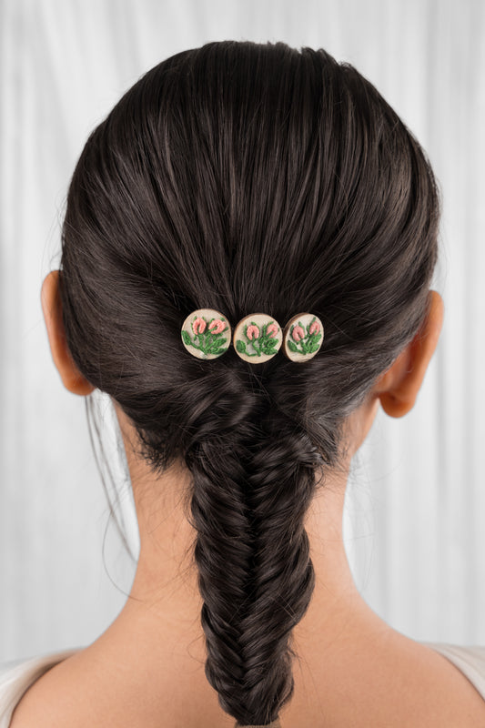 Peach Rose Buds Branch Triple Round Hair Barrette