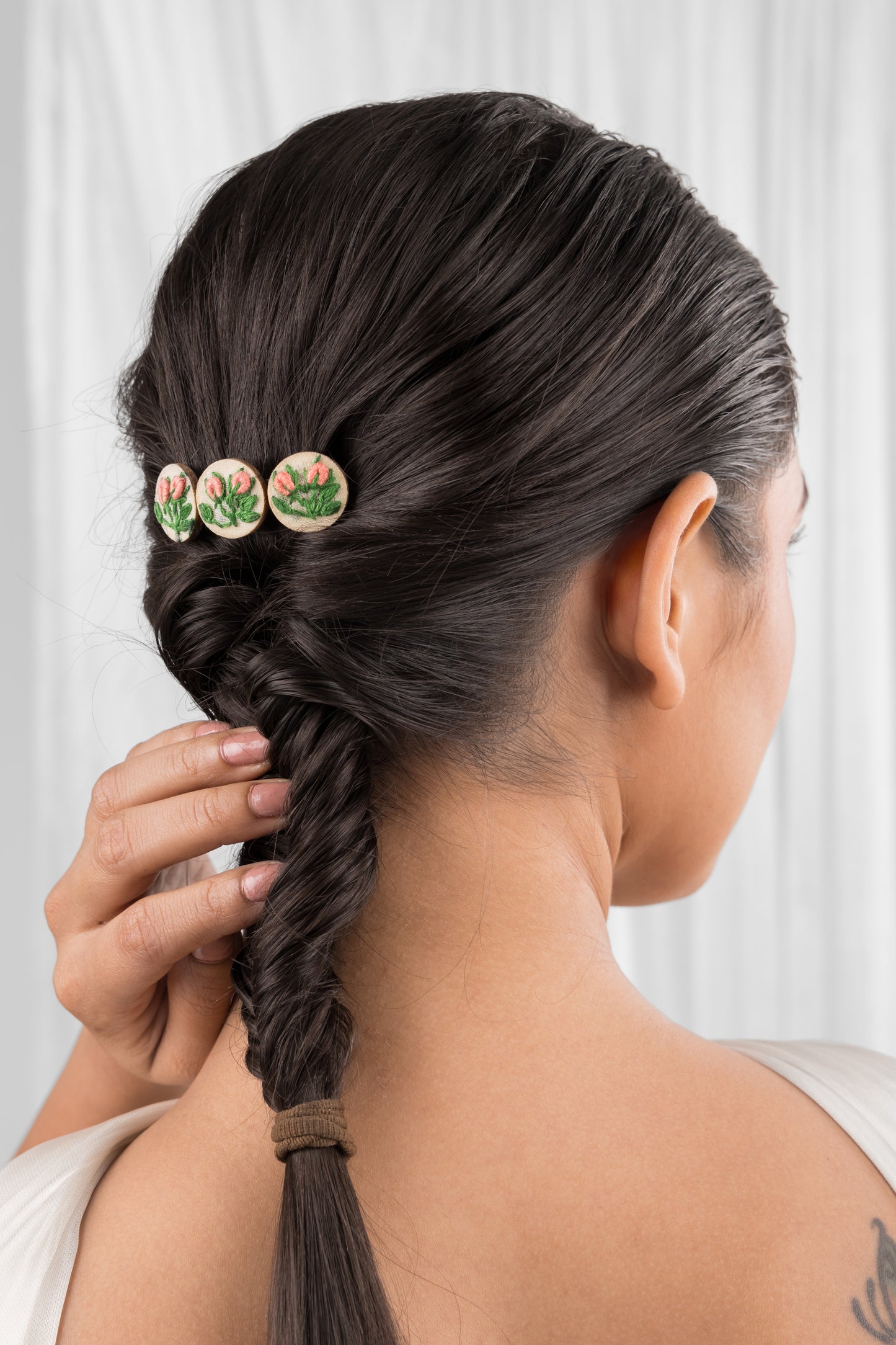 Peach Rose Buds Branch Triple Round Hair Barrette
