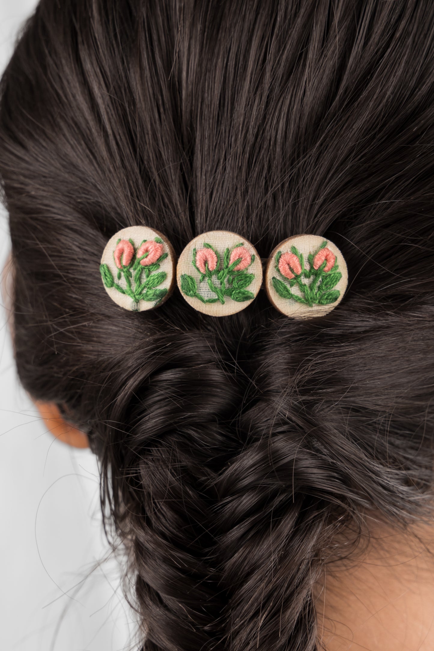 Peach Rose Buds Branch Triple Round Hair Barrette