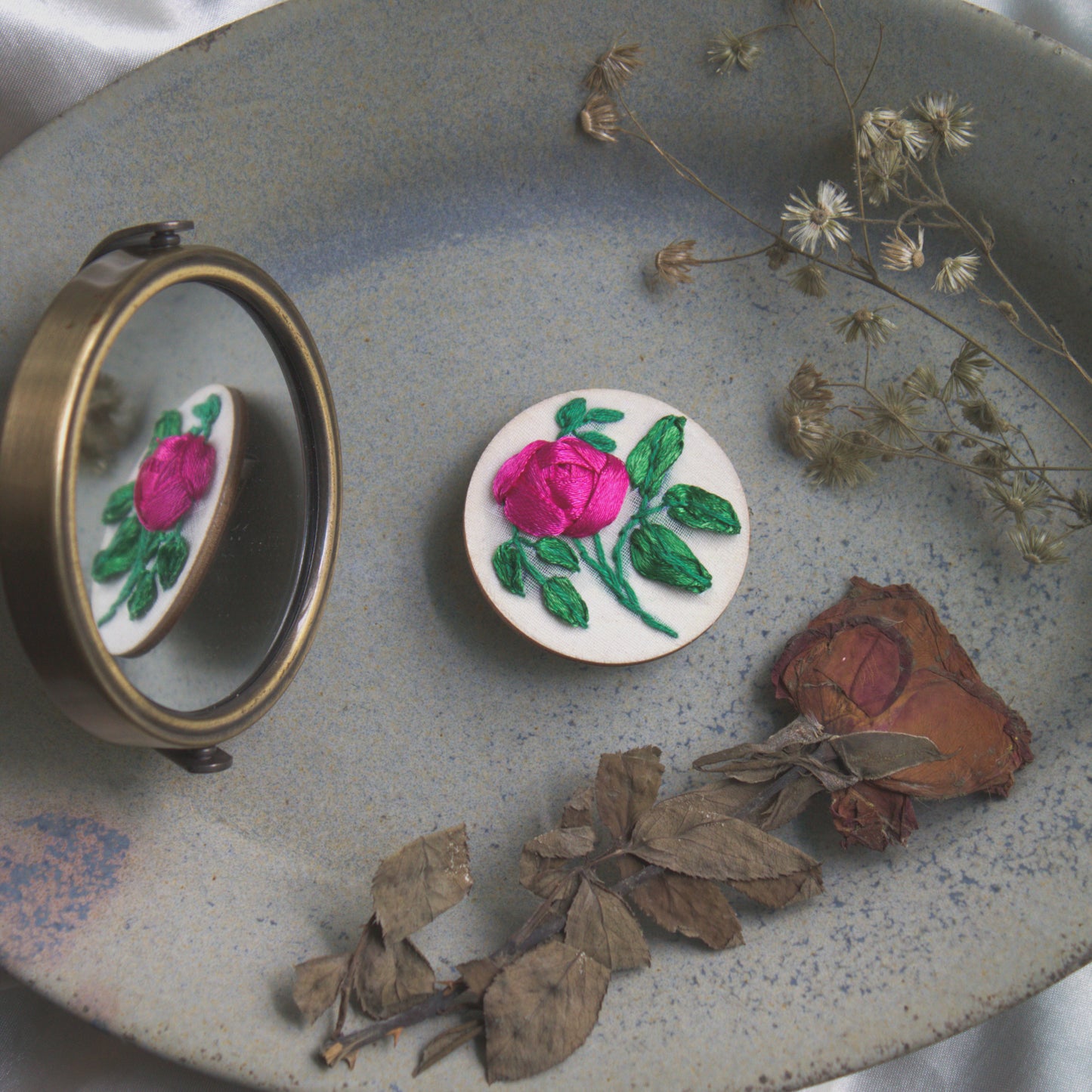 Deep Pink Ribbon Rose Branch Circular Brooch Pin