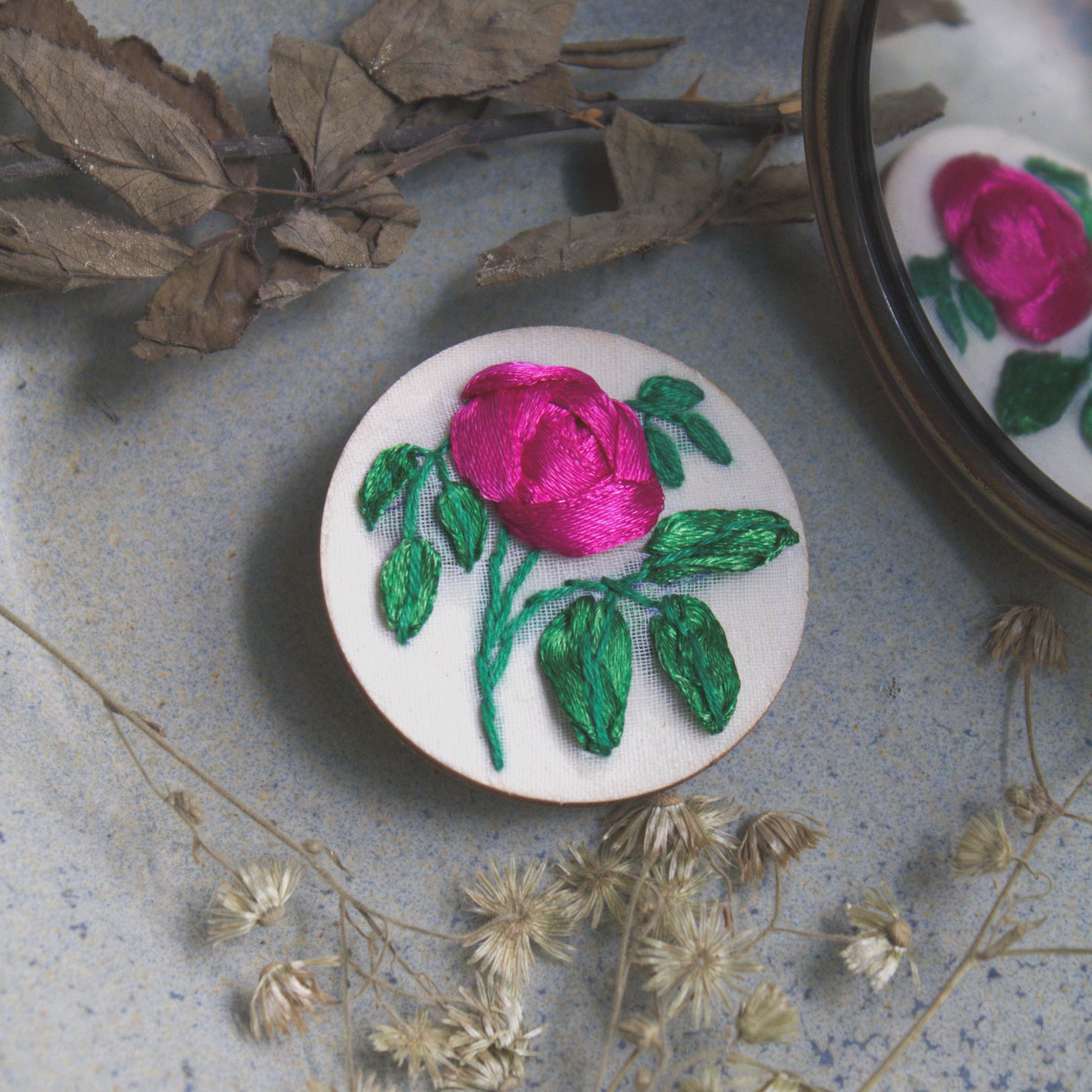 Deep Pink Ribbon Rose Branch Circular Brooch Pin
