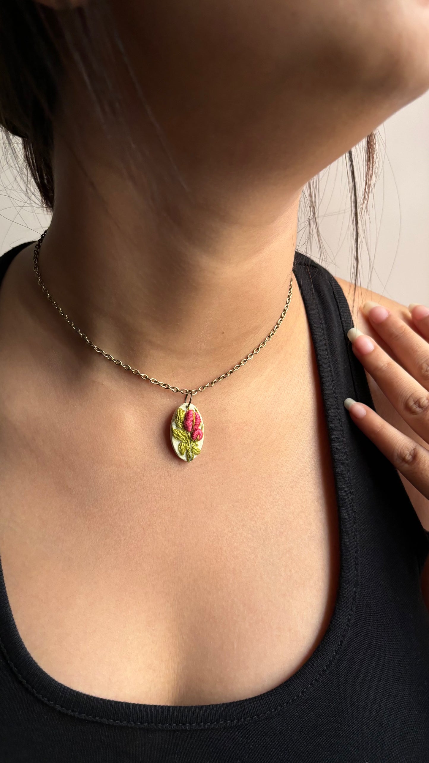 Peach Rose Buds Branch Oval Hollow Necklace