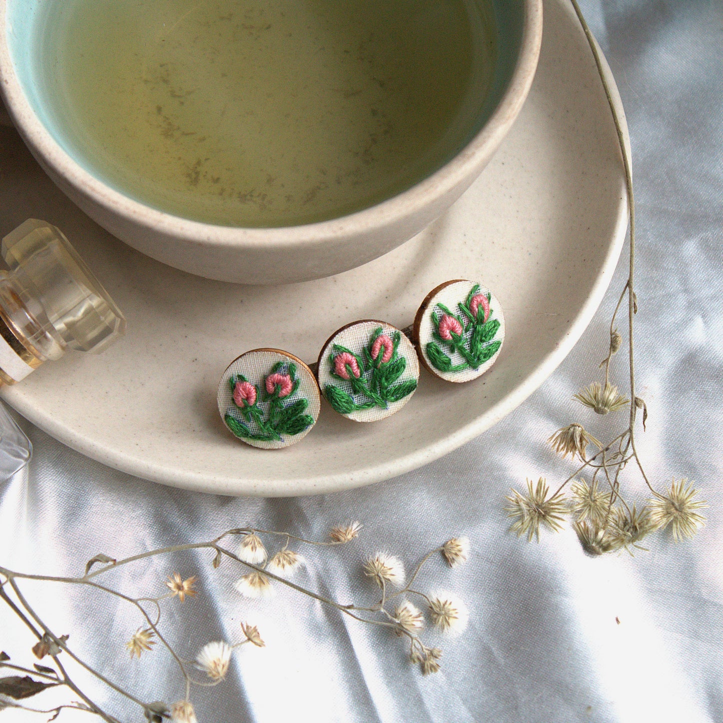 Peach Rose Buds Branch Triple Round Hair Barrette