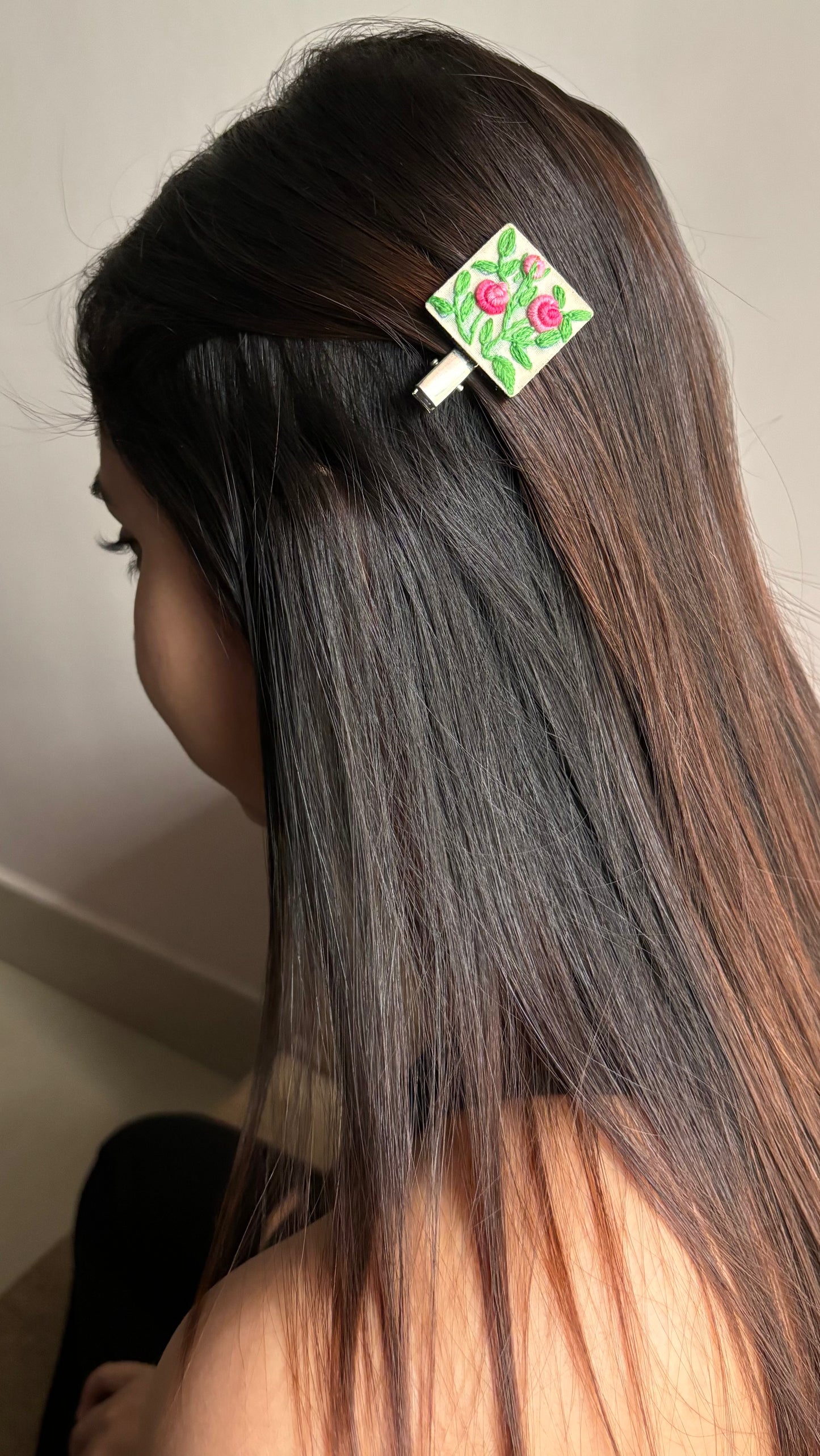 Pink Gradient Rose Branch Square Alligator Hair Clip
