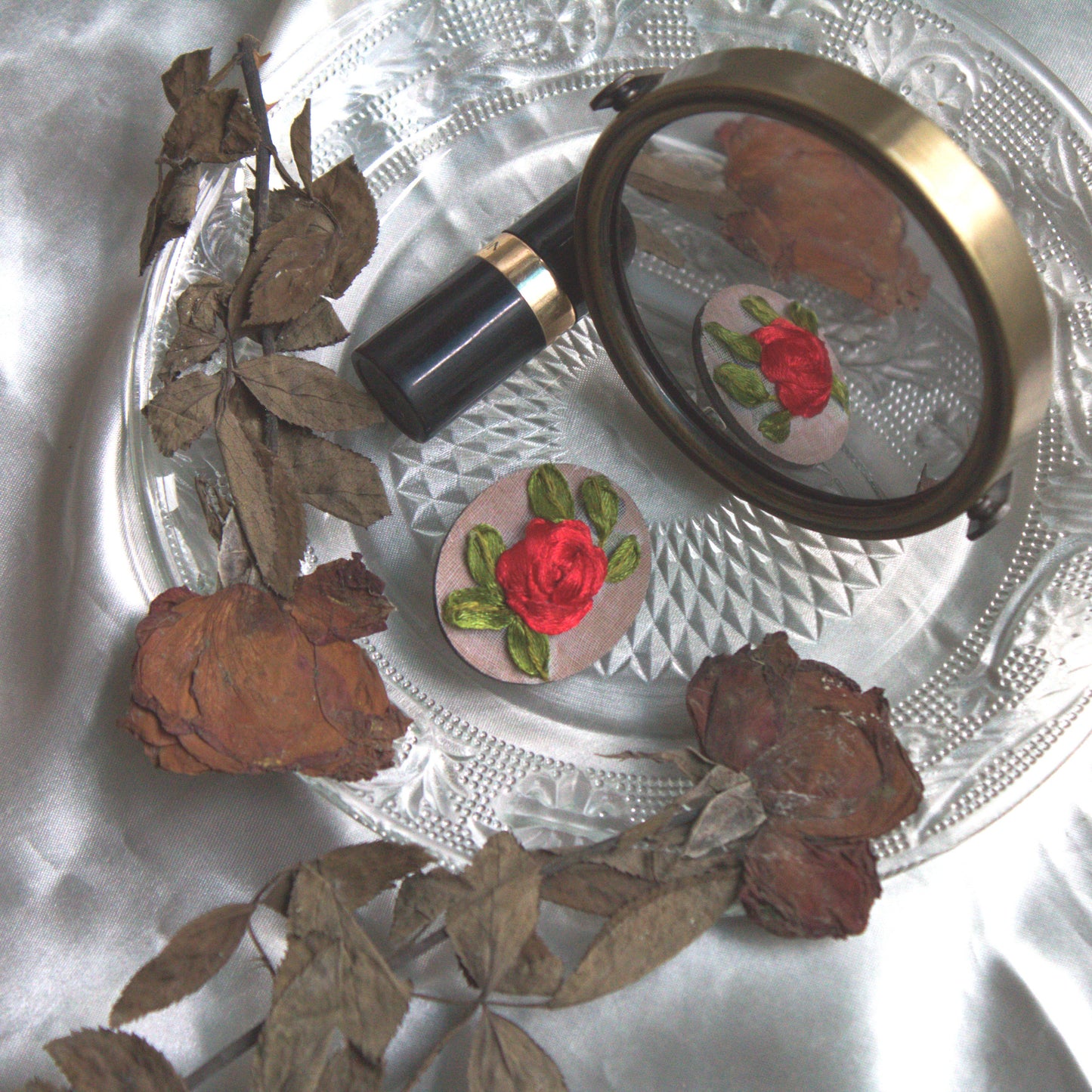 Red Ribbon Rose Branch Oval Brooch Pin