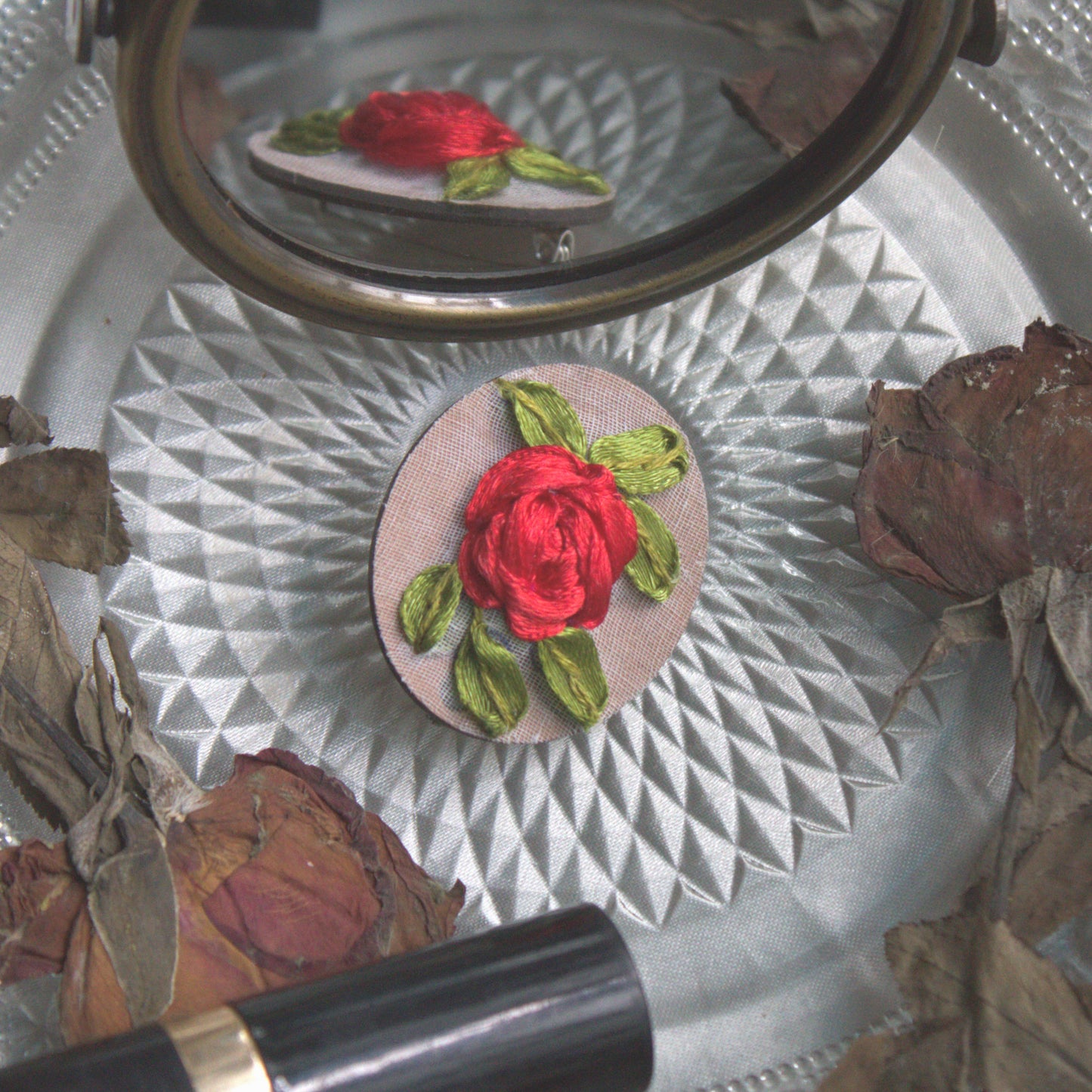 Red Ribbon Rose Branch Oval Brooch Pin