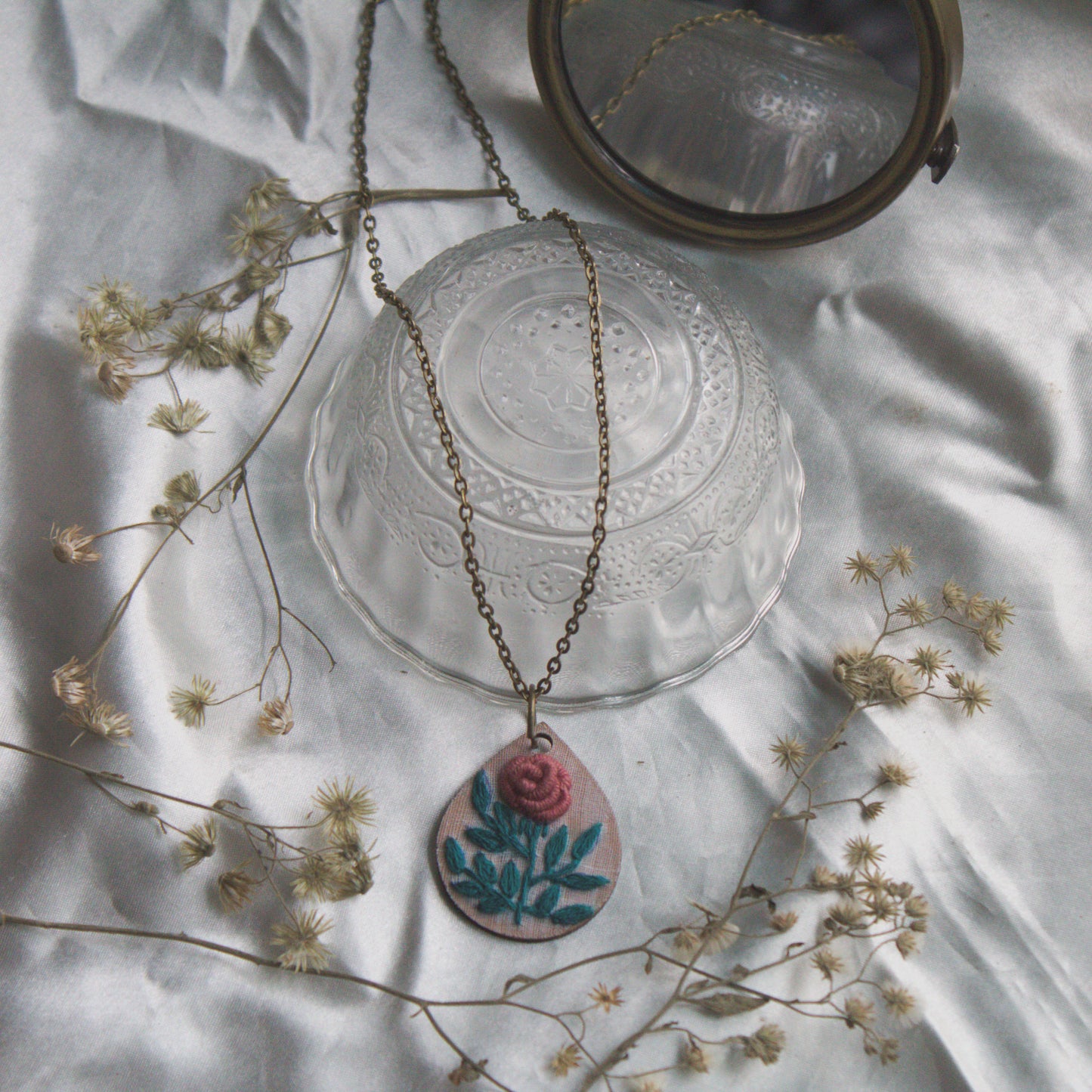 Mauve Rose Branch Drop-Shape Necklace