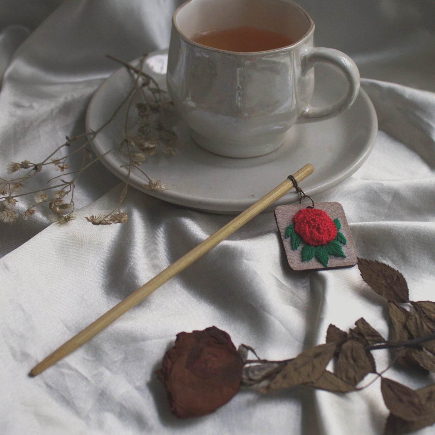 Bright Red Rose Branch Square Hair Stick