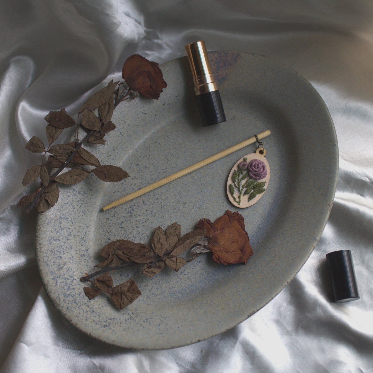 Dusty Pink Rose Branch Oval Hair Stick