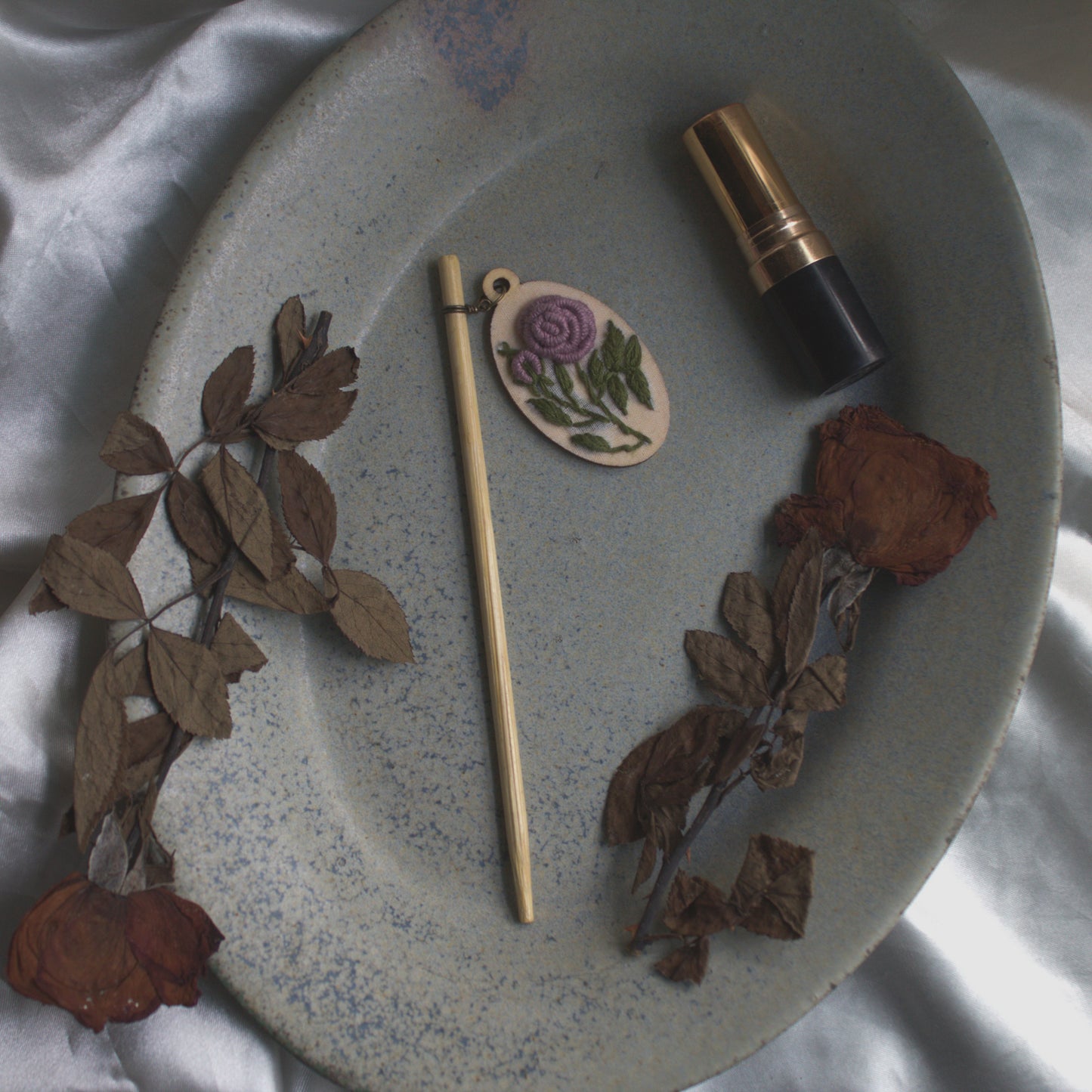 Dusty Pink Rose Branch Oval Hair Stick