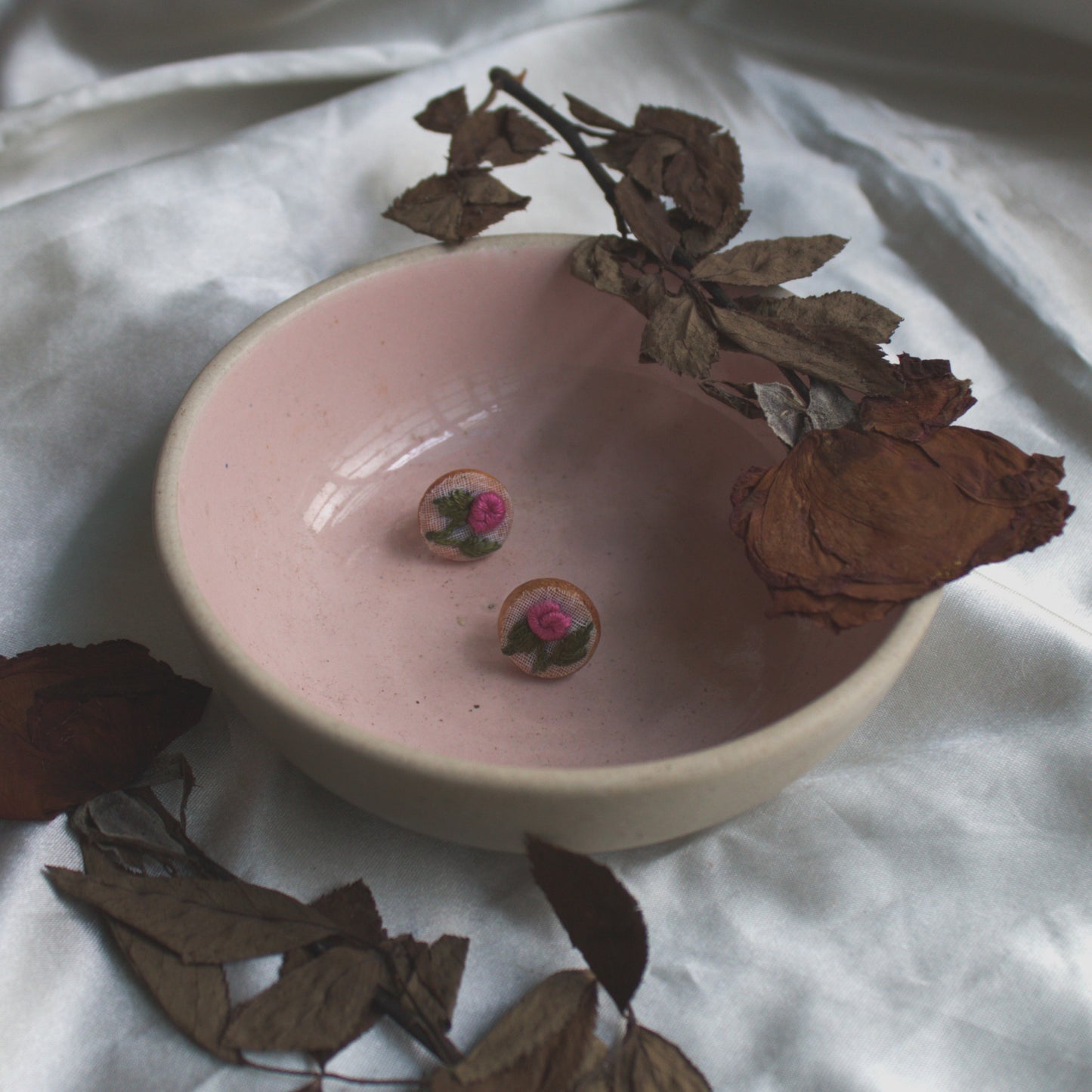 Pink Rose Branch Tiny Round Ear Studs