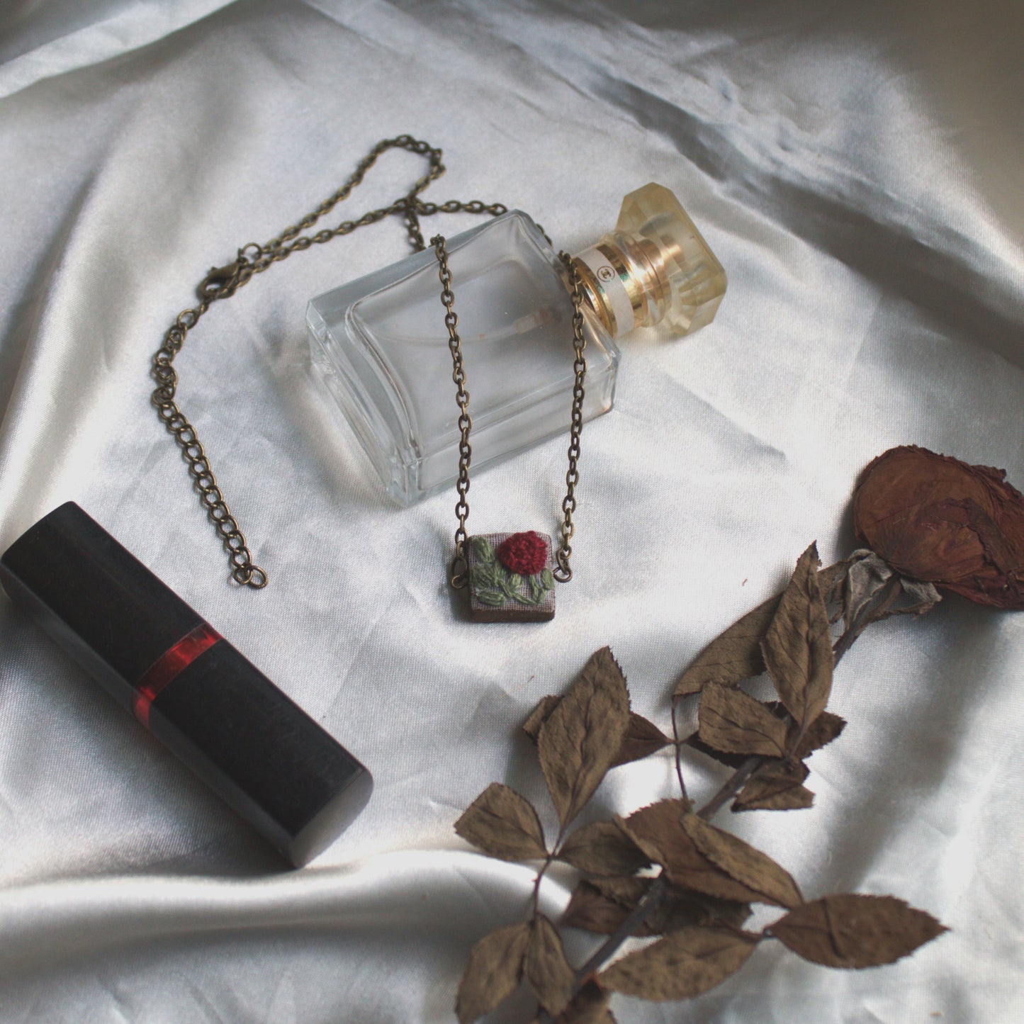 Maroon Rose Branch Square Necklace