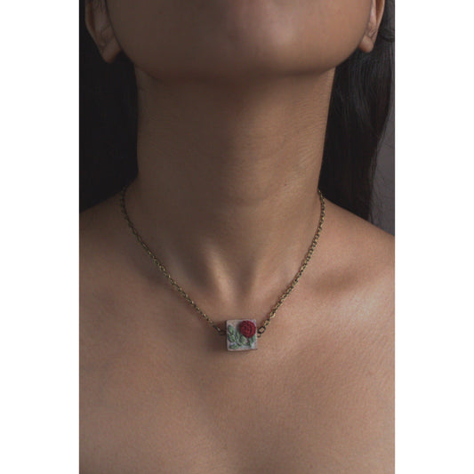 Maroon Rose Branch Square Necklace