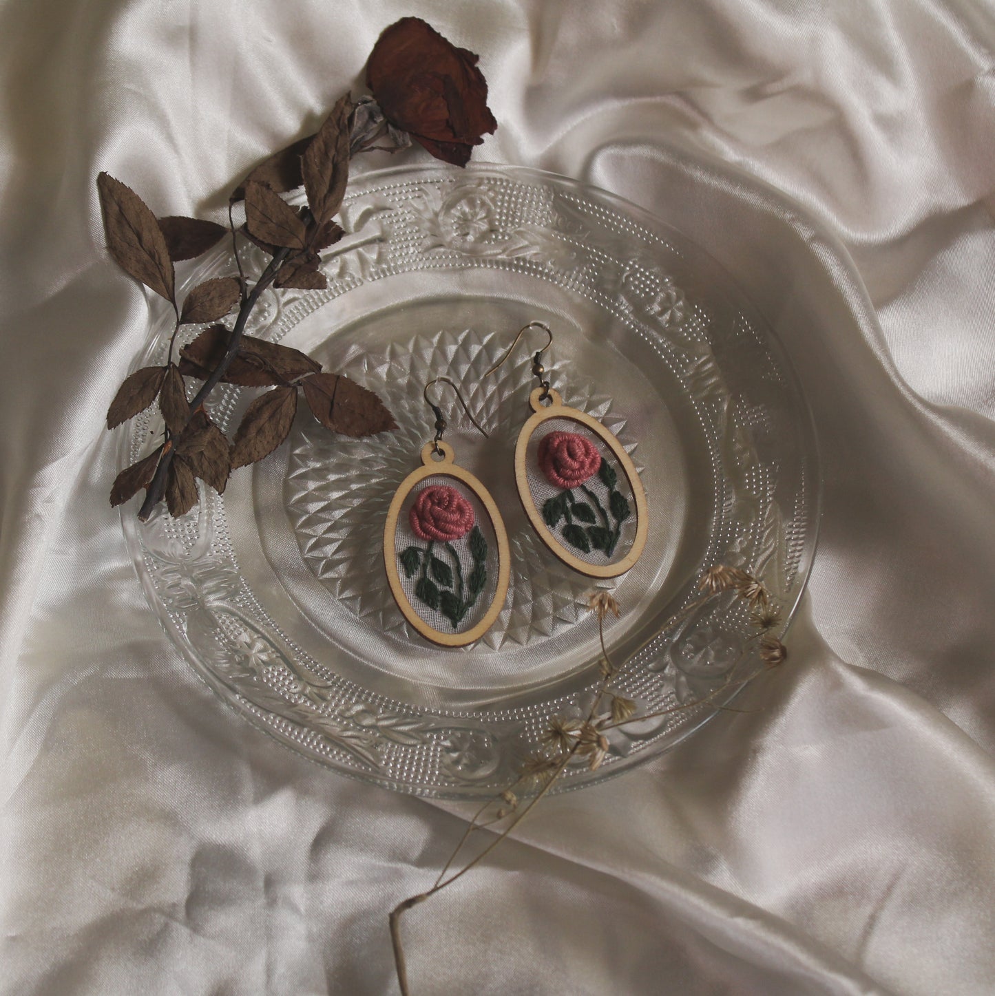 Peach Rose Branch Oval Frame Earrings