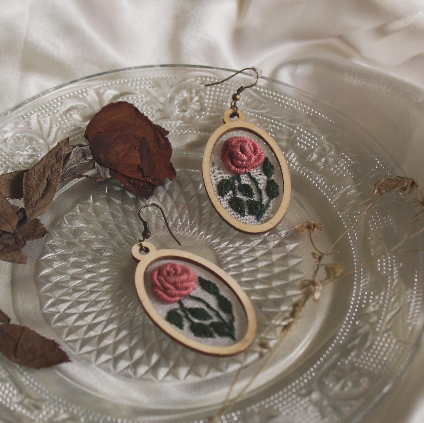 Peach Rose Branch Oval Frame Earrings