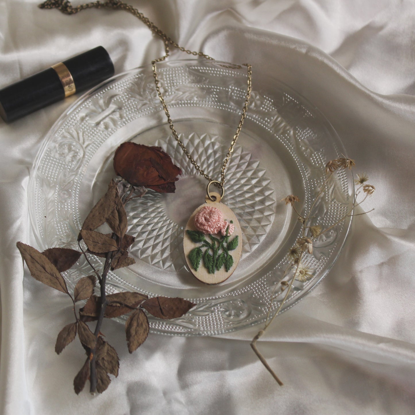 Light Peach Rose Branch Oval Necklace