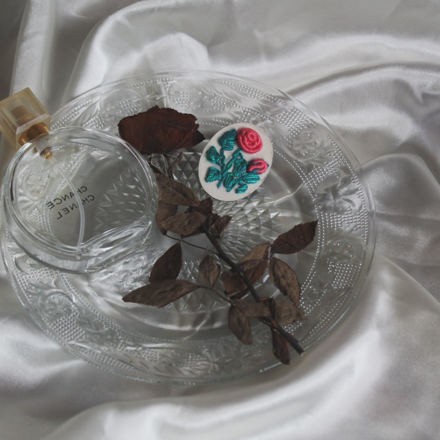 Coral Rose Branch Oval Brooch Pin