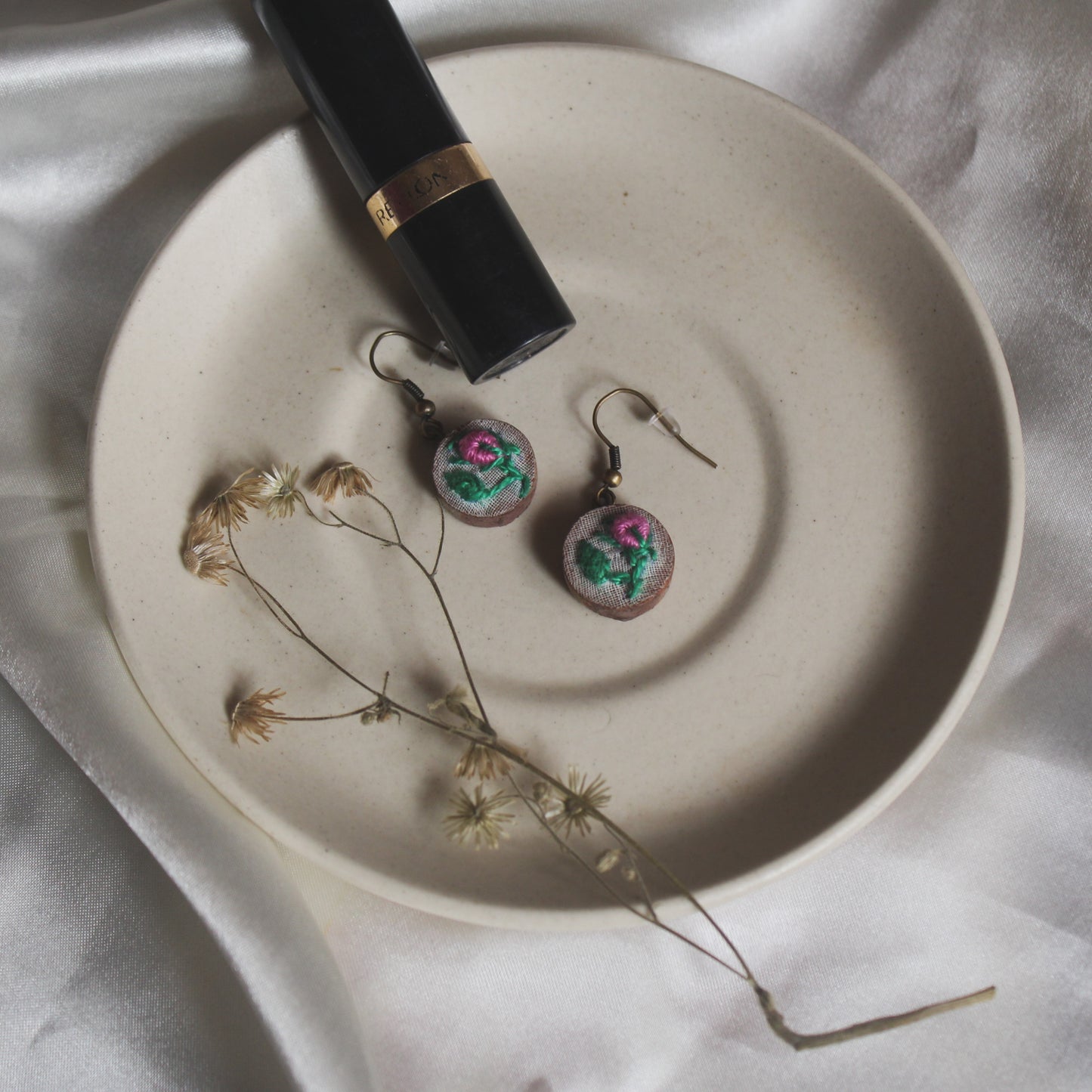 Pink Rose Bud Branch Round Earrings