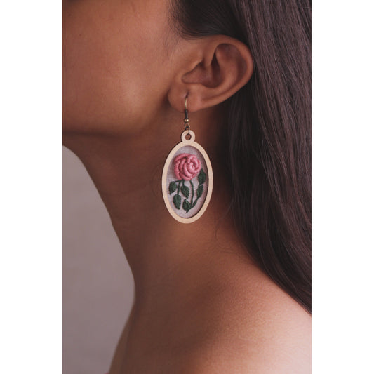 Peach Rose Branch Oval Frame Earrings