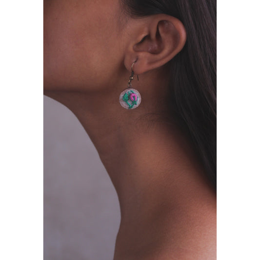 Pink Rose Bud Branch Round Earrings