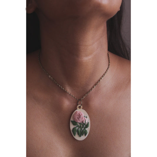 Light Peach Rose Branch Oval Necklace