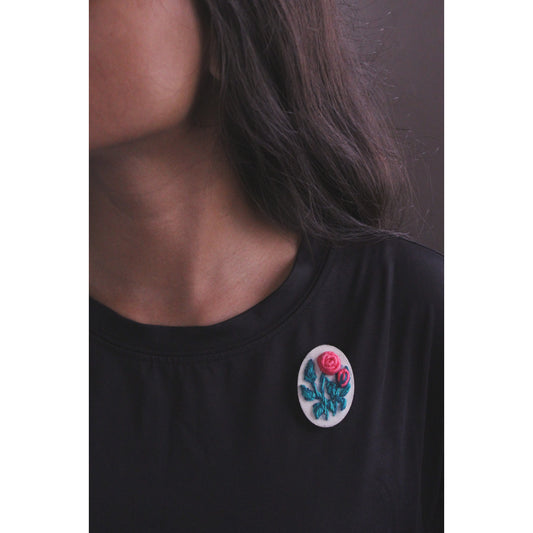 Coral Rose Branch Oval Brooch Pin