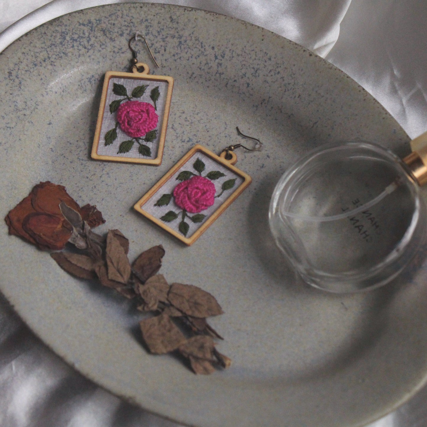 Pink Rose Branch Rectangular Frame Earrings