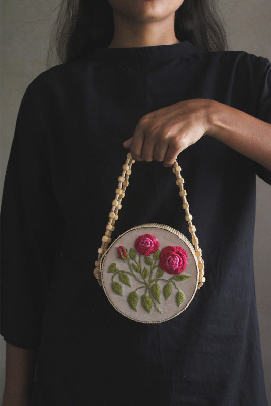 Dark Pink Gradient Rose Branch Round Handbag
