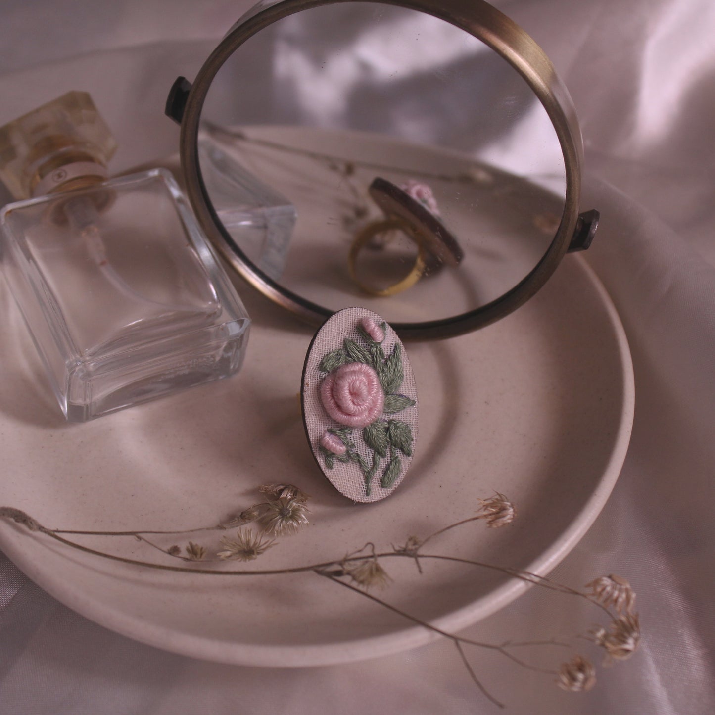 Light Peach Rose Branch Oval Adjustable Ring