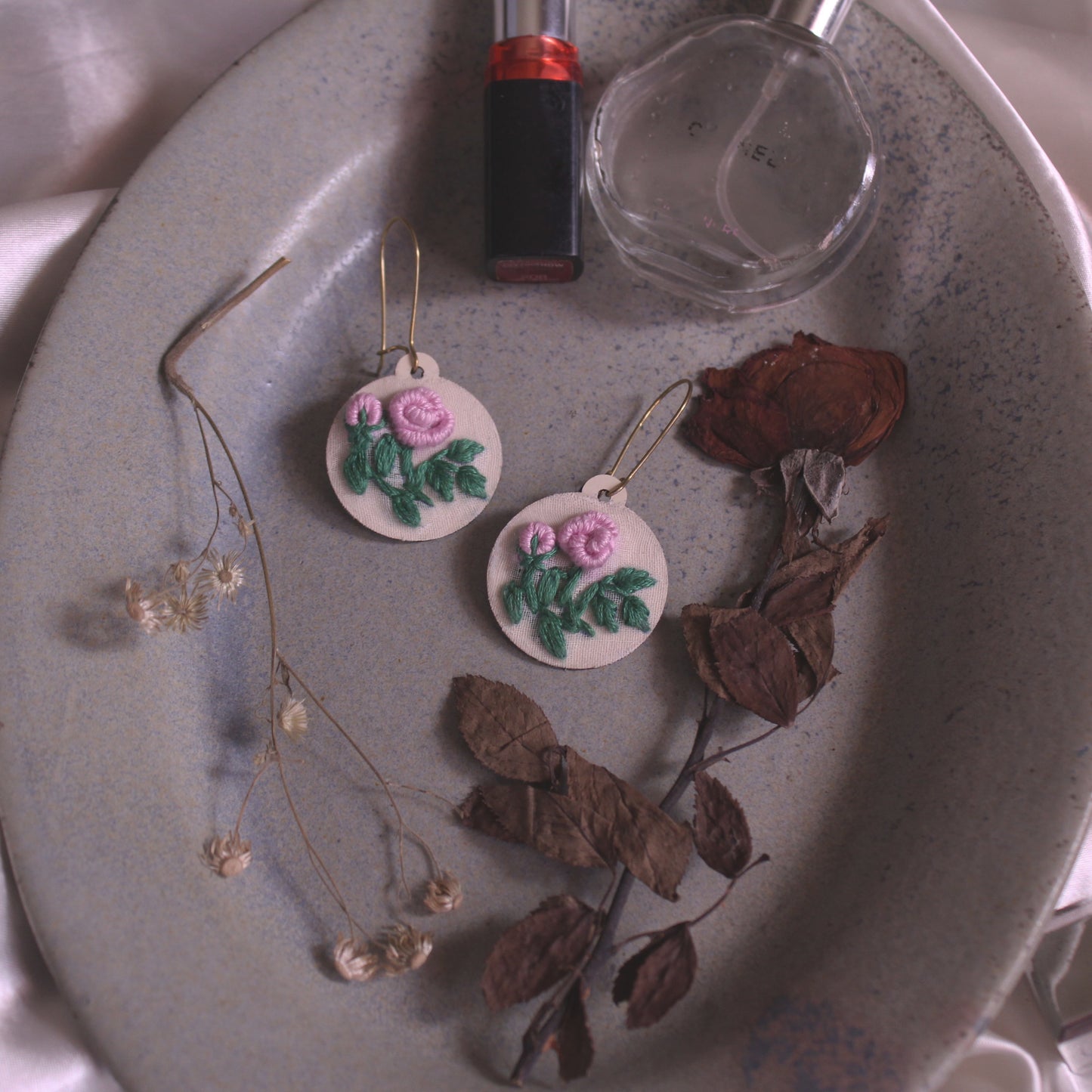 Light Pink Rose Branch Round Earrings