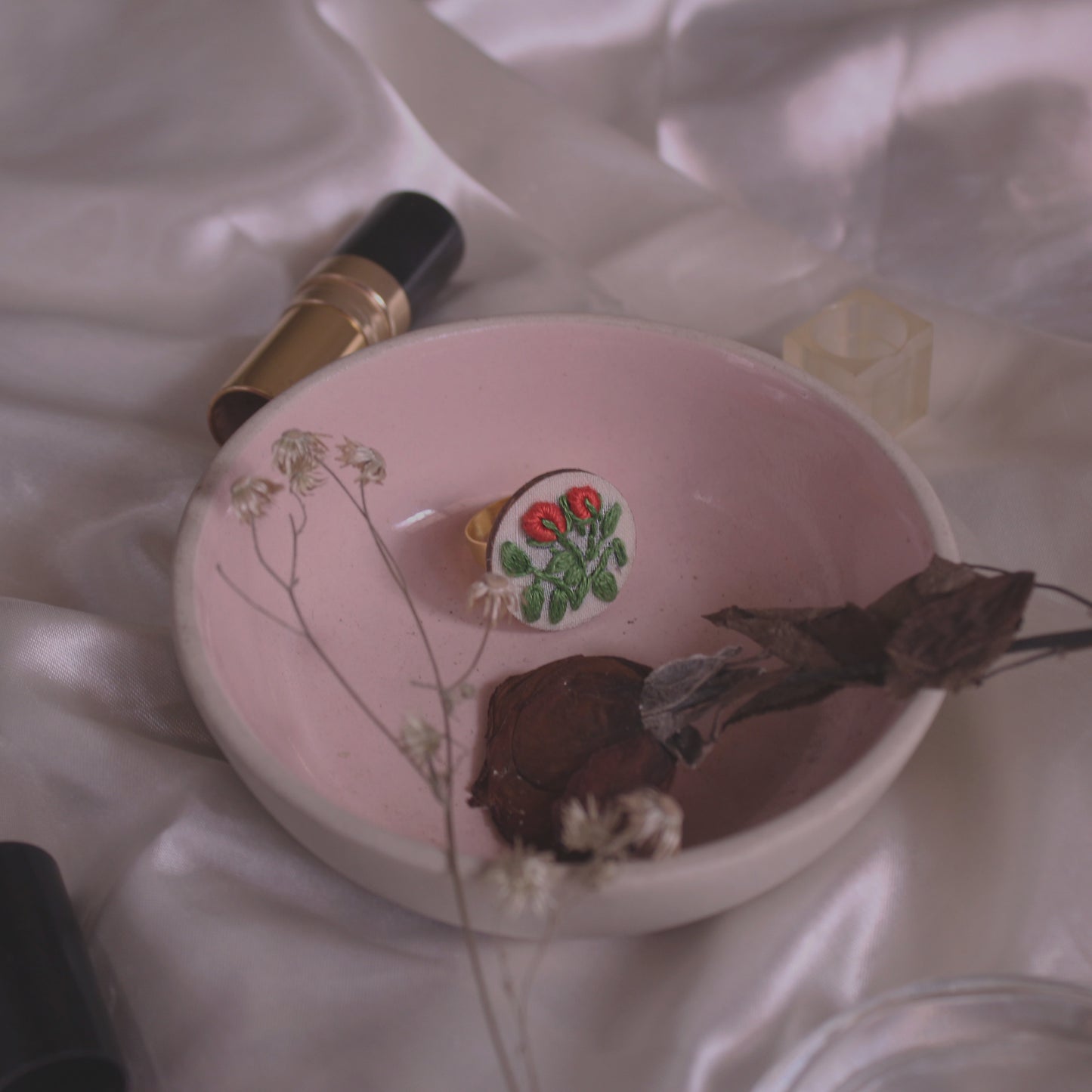 Bright Red Rose Buds Branch Round Adjustable Ring