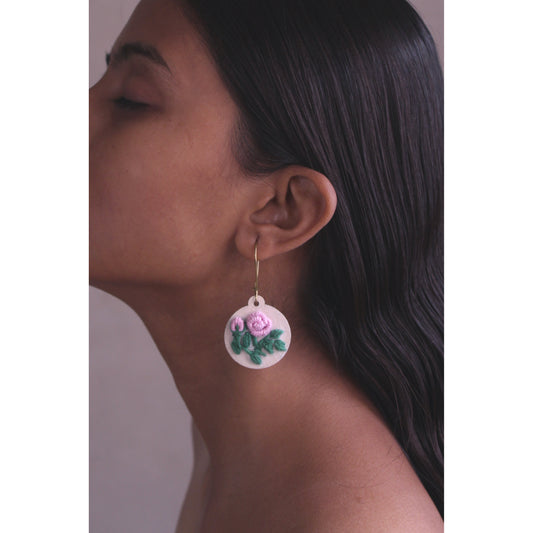 Light Pink Rose Branch Round Earrings