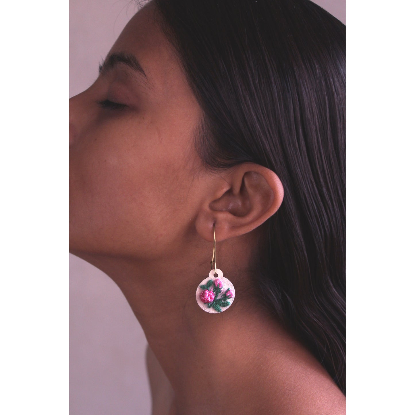 Pink Gradient Rose Branch Round Earrings