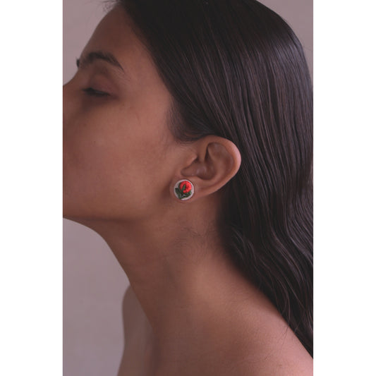 Red Rose Bud Tiny Round Ear Studs