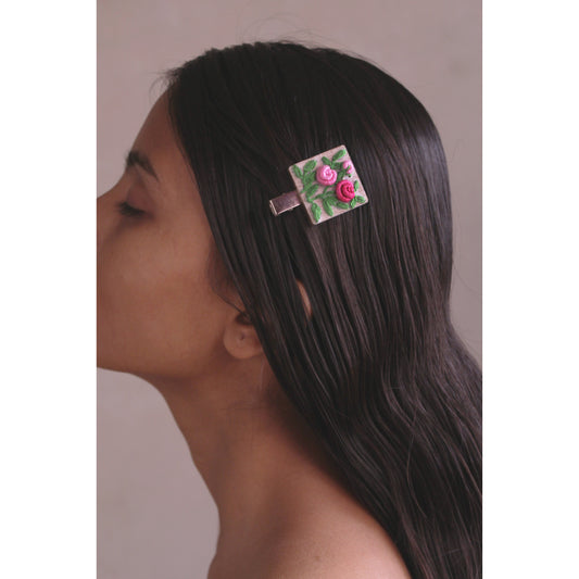 Pink Gradient Rose Branch Square Alligator Hair Clip