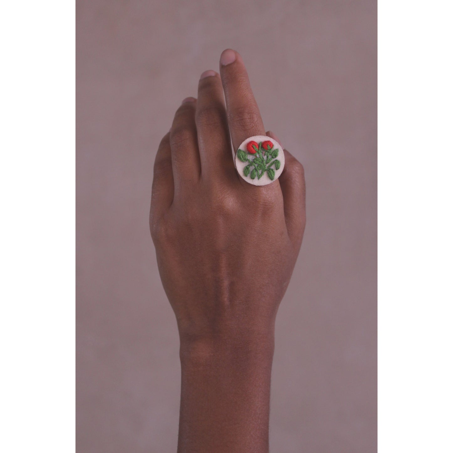 Bright Red Rose Buds Branch Round Adjustable Ring