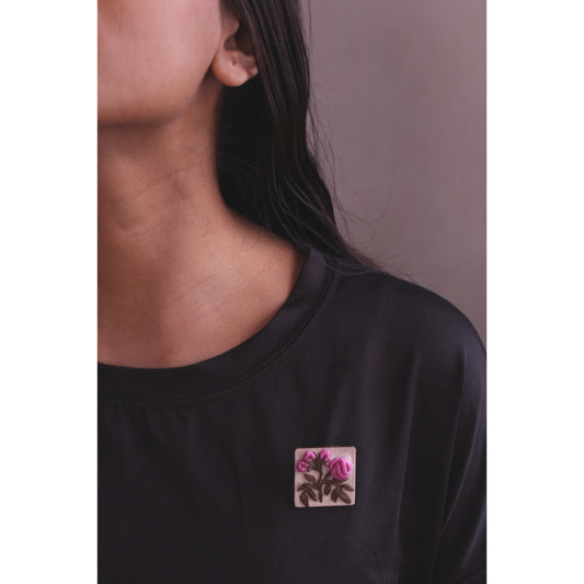Magenta Pink Rose Buds Branch Square Brooch Pin