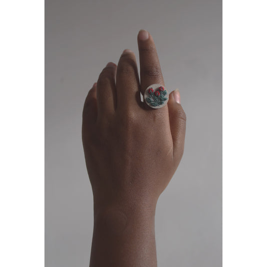 Dark Red Rose Buds Branch Round Adjustable Ring