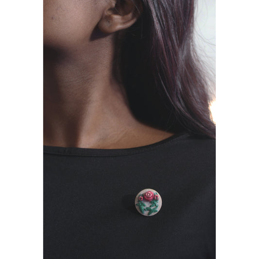 Coral Pink Rose Buds Branch Round Brooch Pin